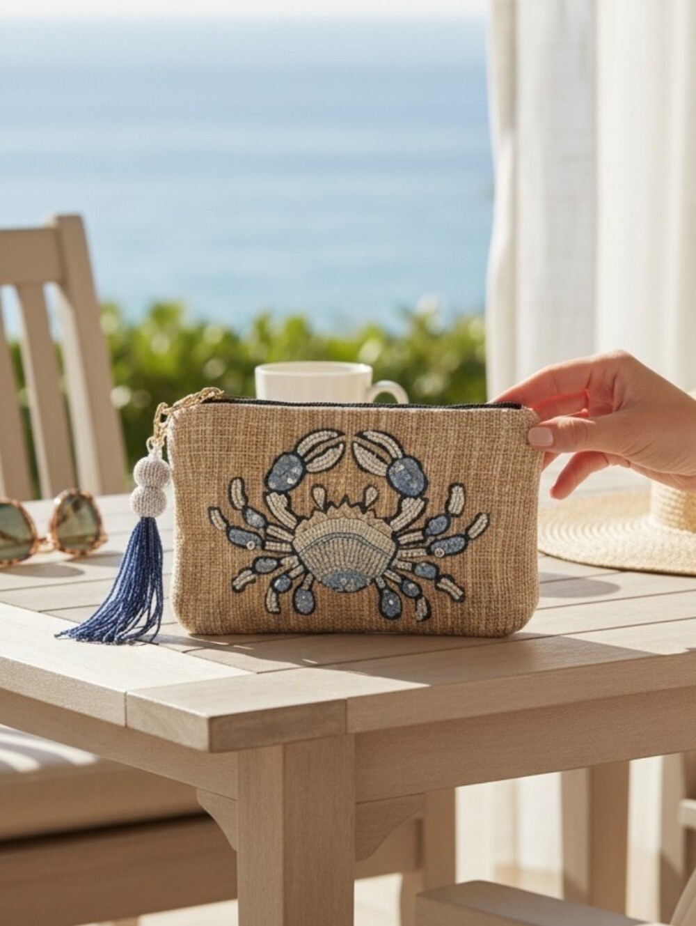 NWT Viral Beaded Blue Crab Wristlet On Natural Woven Fabric - India Handmade 🦀✨